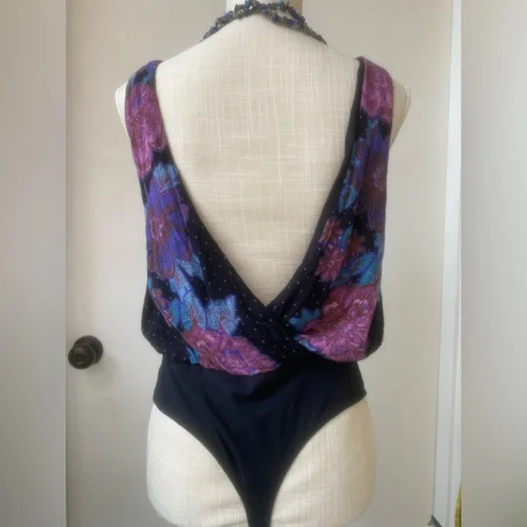 free people floral body suit deep v thong sz m - Picture 6 of 13